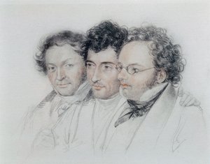 Da sinistra a destra, amici dei compositori Johann Baptist Jenger, Anselm Huttenbrenner e Franz Schubert da Josef Eduard Teltscher