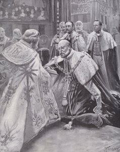Re Edoardo VII che presta giuramento alla sua incoronazione, Abbazia di Westminster, Londra da Joseph (after) Finnemore