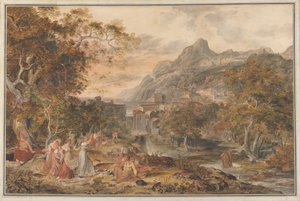 Veduta di Vietri con giovani contadine che danzano per i pastori in primo piano da Joseph Anton Koch