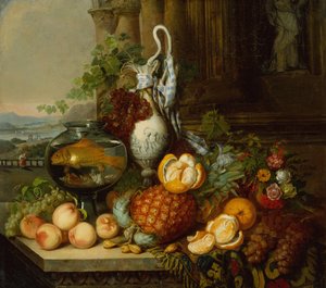 Natura morta con frutta, boccia per pesci e paesaggio da Joseph Biays Ord