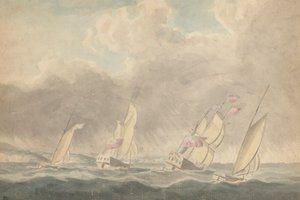 Due sloop da guerra, una barca e una goletta (?), poppe in avanti, in mare agitato; diverse navi a vela sullo sfondo da Joseph Cartwright