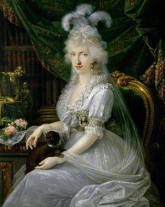 Tedesco: Maria Luisa (Ludovica) di Napoli-Sicilia (1773-1802), moglie di Ferdinando III di Toscana, seduta a tavola, ritratto al ginocchio di Luisa Maria Amelia Teresa di Napoli e Sicilia, Principessa di Napoli e Sicilia (1773-1802), Granduchessa consorte  da Joseph Dorffmeister