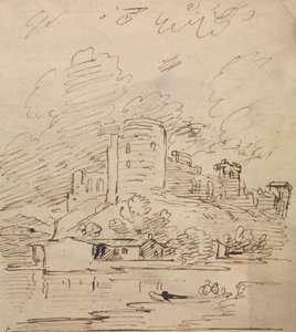 Castello con una torre rotonda sopra un fiume