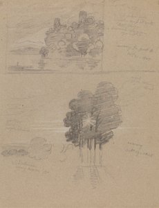 Due schizzi di un castello e di alberi; mattina e sera