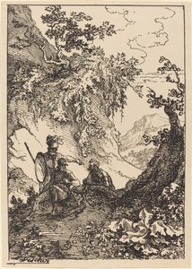 Paesaggio con uomini in armatura, ceppo d