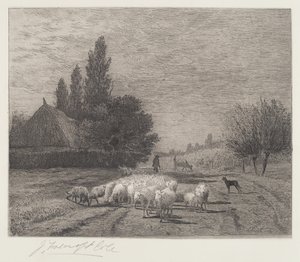Strada del villaggio in Francia con un gregge di pecore da Joseph Foxcroft Cole