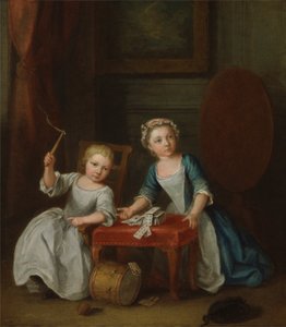 Due bambini della famiglia Nollekens, probabilmente Jacobus e Maria Sophia, giocano con una trottola e carte, 1745