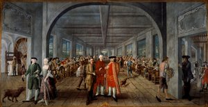 Fabbrica di tessuti indiani dei fratelli Wetter. A sinistra, il signor e la signora Jean Rodolphe (Jean-Rodolphe) Wetter riccamente vestiti. Al centro, un operaio presenta una lastra di stampa al direttore della fabbrica, Pierre Pignet, dietro di loro gli  da Joseph Gabriel Rossetti