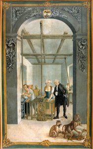 Fabbrica di tessuti indiani dei fratelli Wetter: lavoratori che passano attraverso la griglia delle tele stampate. Dipinto di Joseph Gabriel Rossetti (XVIII secolo). 1764 Orange, Museo Municipale