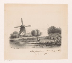 Paesaggio con mulino e due pescatori