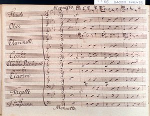 Prima pagina della partitura musicale del minuetto nella Sinfonia 66 in Si bemolle maggiore di J Haydn da Joseph Haydn