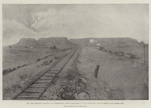 De Aar, mostrando la ferrovia per Kimberley, con Tafelberg in lontananza, circa trentacinque miglia di distanza