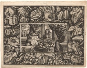 Natura morta di formaggi e frutta con bordo ornamentale da Joseph Kling