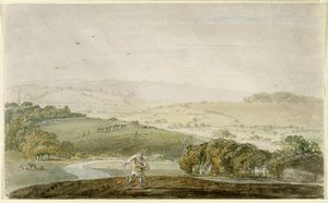 Un contadino che semina, con una valle fluviale e colline ondulate, c.1795