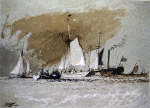 Barche da pesca in mare, imbarco su un piroscafo al largo di Cowes, Isola di Wight