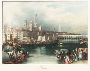 Rouen (Francia). Litografia (33x46,9 cm) di Joseph Mallord William Turner (1775-1851) da Joseph Mallord William Turner