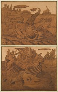 2 scene della vita di Giona su un vecchio baule di quercia nell