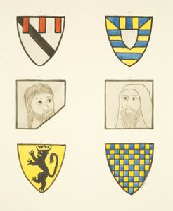 Quattro stemmi e due teste nelle vetrate a nord e sud del coro nella cattedrale di Bristol da Joseph Manning