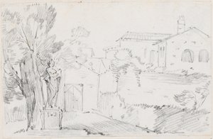 Angolo di un giardino italiano con una chiesa sullo sfondo da Joseph Marie Vien