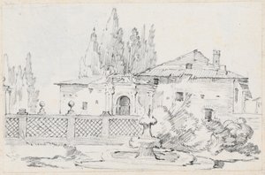 Casa e alberi oltre un muro di giardino da Joseph Marie Vien