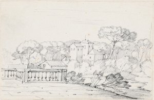 Terrazza lungo un fiume con una villa e alberi oltre