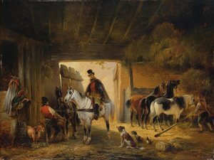 Un cavaliere che abbevera il suo cavallo in una stalla, 1840 da Joseph Moerenhout