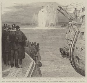 La ricezione di Lord George Hamilton dei membri del Parlamento al cantiere navale di Portsmouth, sparando una mina per contatto