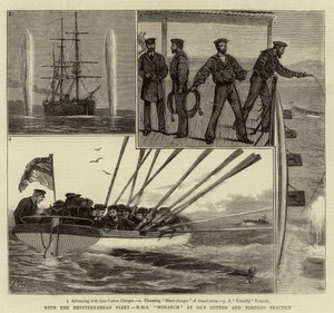 Con la flotta del Mediterraneo, H M S Monarch in esercitazione con cotone da sparo e siluri