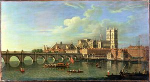 Veduta di Westminster con la barca reale e altre navi