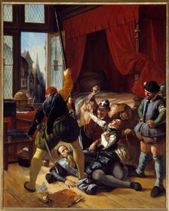 Guerra di religione: Scena della notte di San Bartolomeo, assassinio di Briou, governatore del Principe di Conti, 24/08/1572 da Joseph Nicolas Robert Fleury