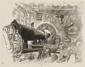 Lavoro di guerra inglese: Taglio e tornitura di un grande cannone da Joseph Pennell