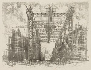 Lavoro di guerra inglese: Il portale (un cantiere navale mercantile) da Joseph Pennell