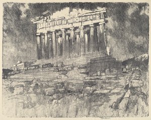 La facciata del Partenone, tramonto