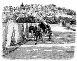 Villaggio del Midi (sud) della Francia con carrozza trainata da cavalli. Incisione di Joseph Pennell 1888 (dettaglio) da Joseph Pennell