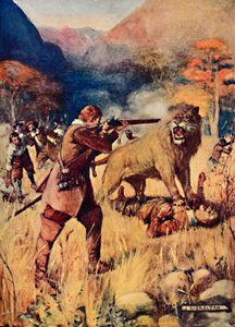 Un grande leone balza su uno degli uomini, 1909 da Joseph Ratcliffe Skelton