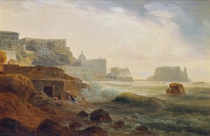Costa vicino a Napoli con castello e pescatori che tirano le reti