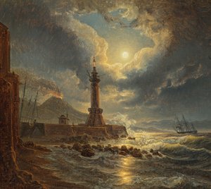 Faro nel porto di Napoli al chiaro di luna
