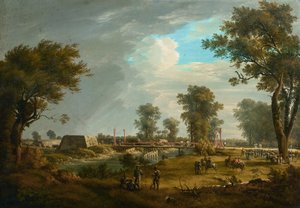 Scena delle guerre napoleoniche: ponte nella Lobau con fanteria francese da Joseph Rebell