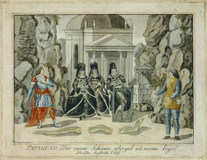 Tamino e Papageno con le tre dame ... (incisione) da Joseph Schaffer