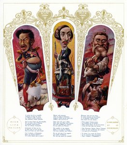 Caricature: Imperatore Meiji del Giappone; Maurice Barres, scrittore e politico nazionalista francese; Jean Jaures, politico francese