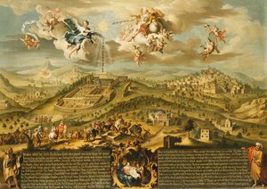 Una vista di Betlemme con il viaggio dei Magi, la Trinità sopra e la Natività in una cartouche dipinta sotto, 1752