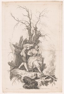 Uomo e donna con cane vicino a un fuoco (Inverno) da Joseph Wagner (possibly)