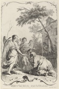 Abramo in ginocchio davanti ai tre angeli