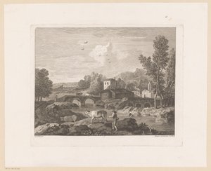 Paesaggio fluviale con pastore e mucche su un ponte