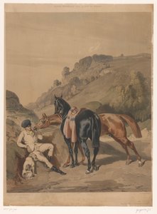 Due cavalli con cavaliere a riposo in un paesaggio (Paarden naar Alfred de Dreux) da Joseph Zephyris Gengembre