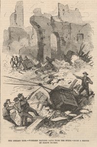 Operai che trasportano casseforti dalle rovine, illustrazione da Frank Leslie