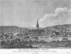 Veduta della città di Liesthal nel Canton Basilea, presa da un vigneto sul fiume Ergolz da Joseph de Longueil