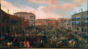 La caccia ai tori a Campo San Polo a Venezia nel 1648. La tradizionale caccia al toro avveniva nei piccoli campi veneziani con cani particolarmente feroci. Dipinto di Joseph Heintz il Giovane (1600-1678). Venezia, Museo Correr da Joseph the younger Heintz