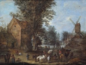 Una scena di villaggio con viaggiatori e carrettieri e numerose altre figure alle prese con le loro attività quotidiane da Joseph van Bredael