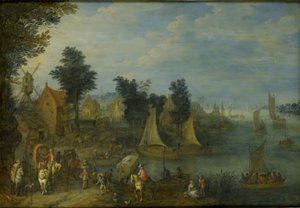 Villaggio sulla riva di un fiume da Joseph van Bredael
